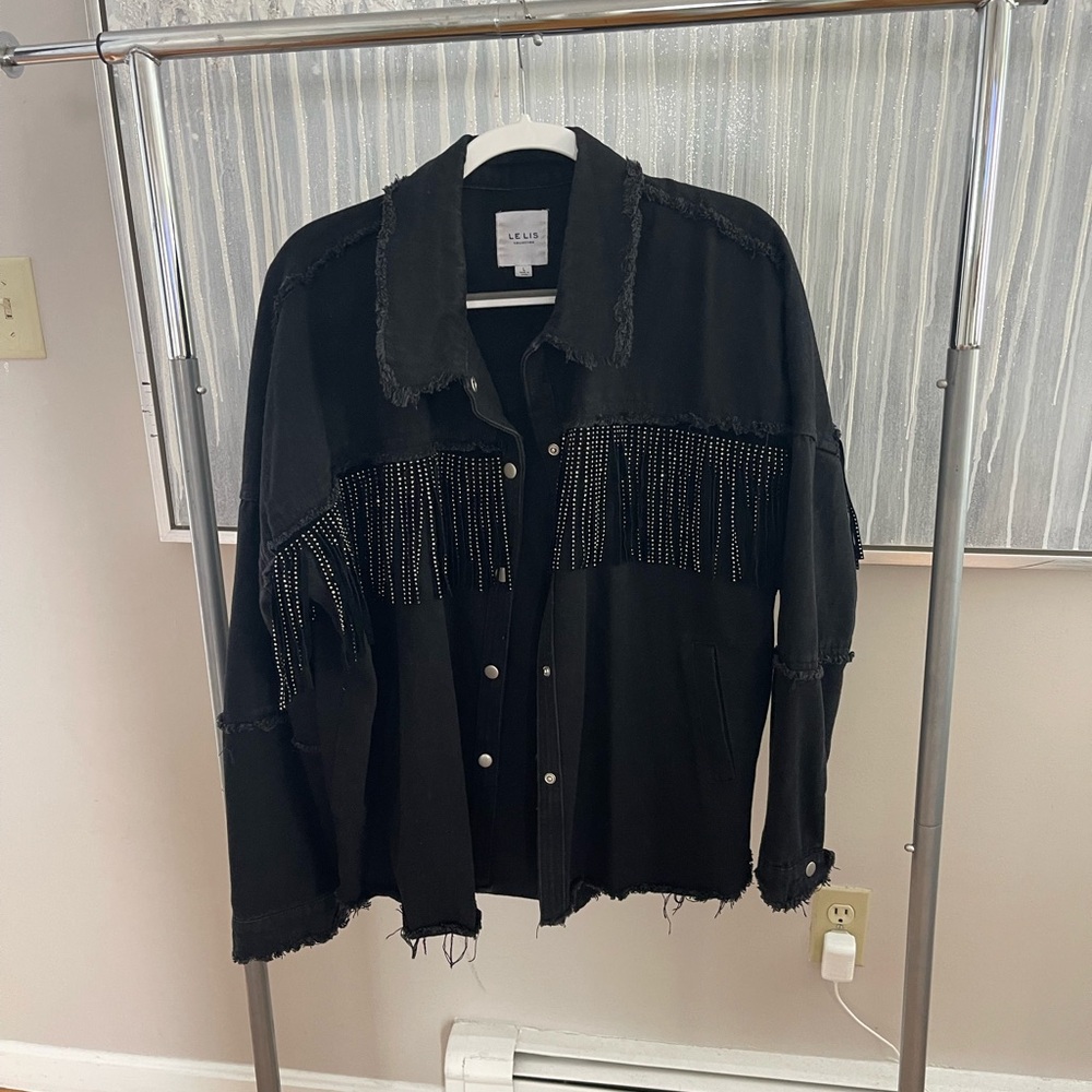 Le Lis - Sequin Fringe Black Jean Jacket